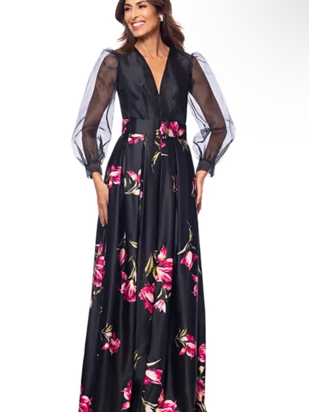 Betsy & Adam Organza-Sleeve Floral Belted Gown *Flawed *Size 8 - Picture 2 of 11